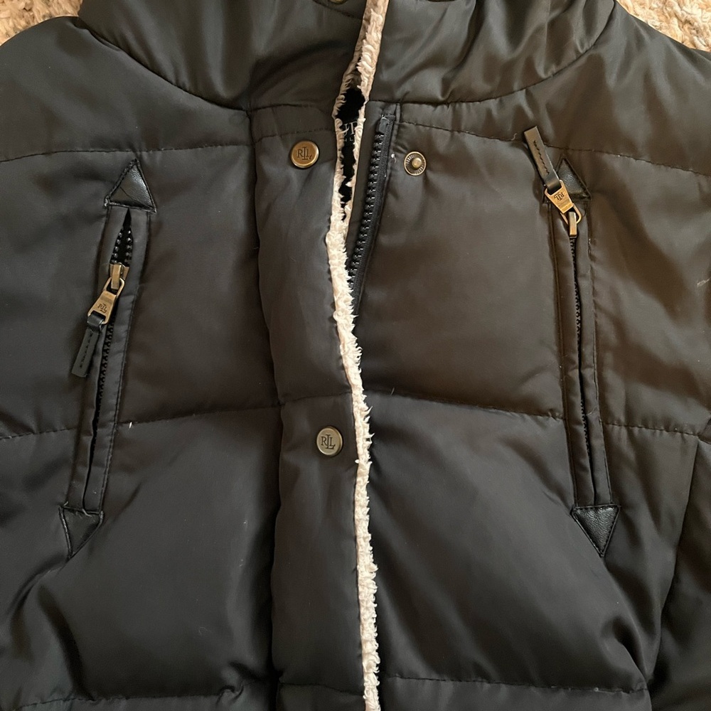 Lauren Ralph Lauren down feather Black Puffer Coat with Cream Hood size small - Picture 3 of 8